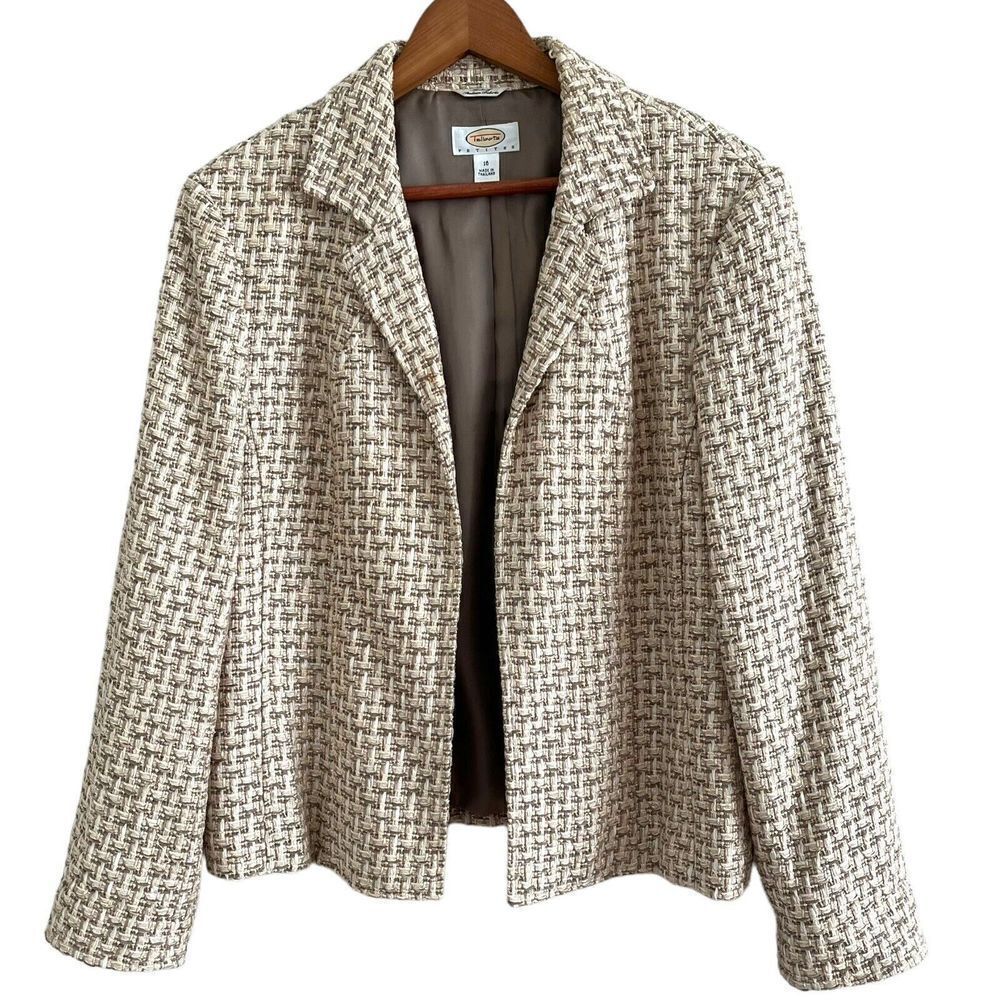 Talbots Tweed Blazer Jacket 16P Italian Fabric Career Office Beige Metallic Prep